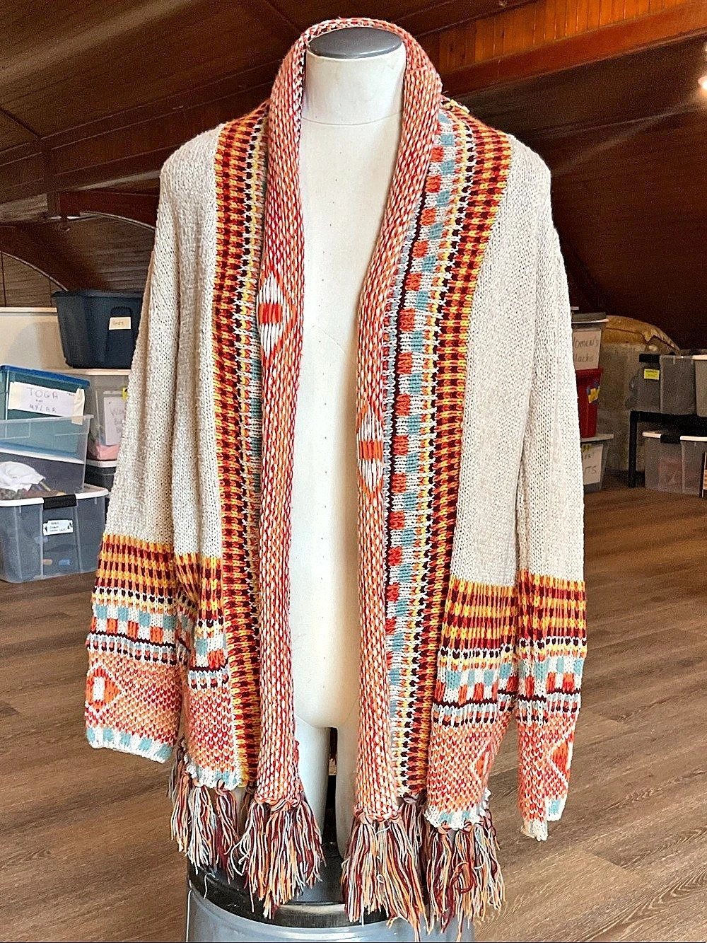 ROD'S Boho Fringe Cardigan in Cream & Red Size Medium